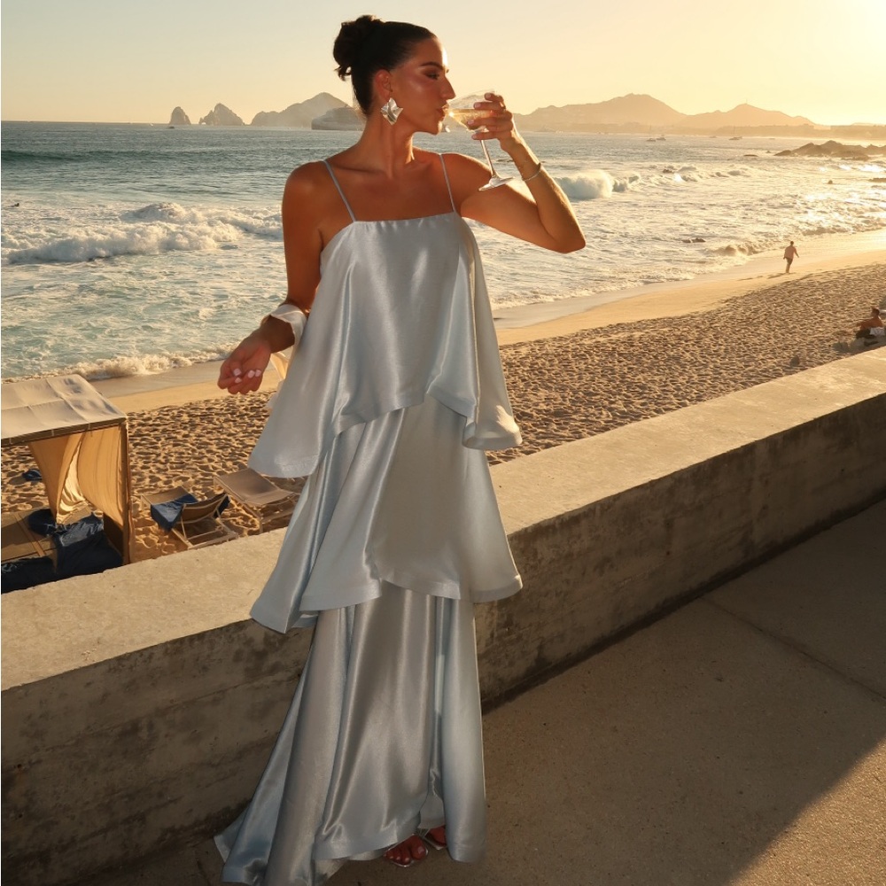 Square Neck Tiered Light Blue Dress